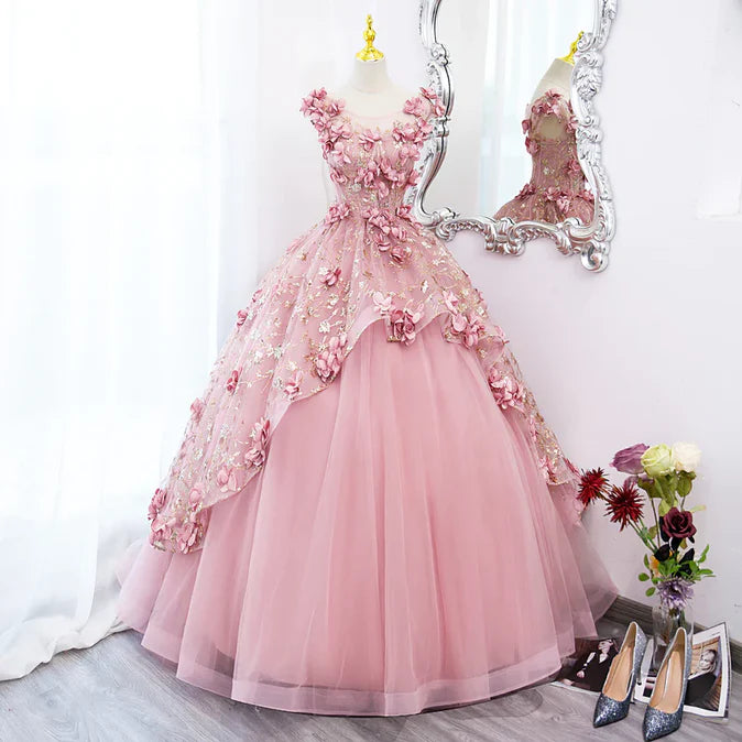 Luolandi Pink Flowers Round Neckline Floor Length Sweet 16 Dress Long Formal Dress Prom Dress With Flowers