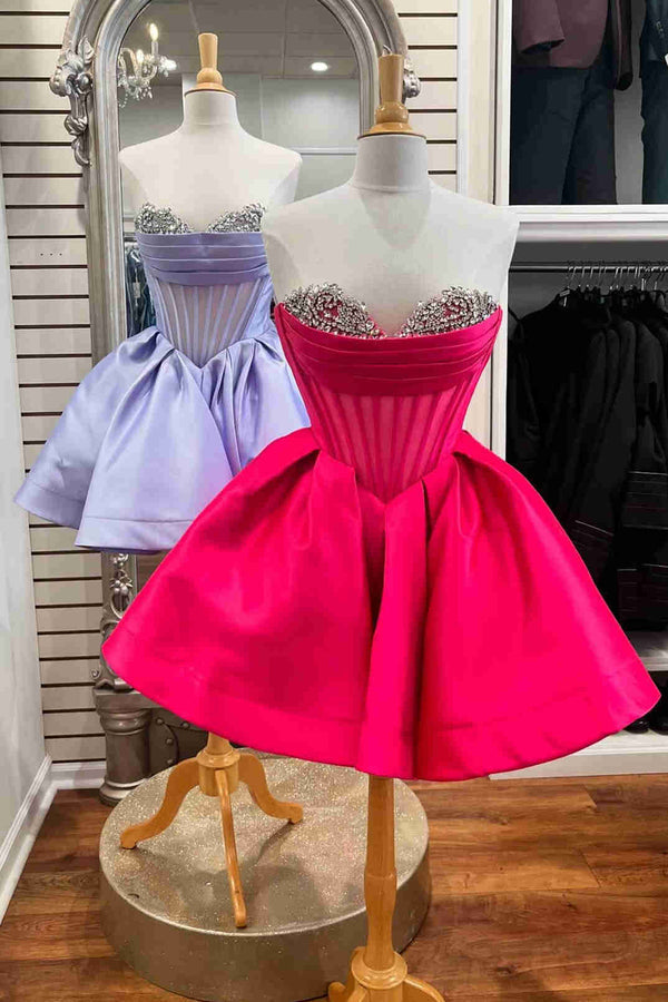 Luolandi Sweetheart A Line Strapless Pleated Short Party Dress with Rhinestones Homecoming Dress