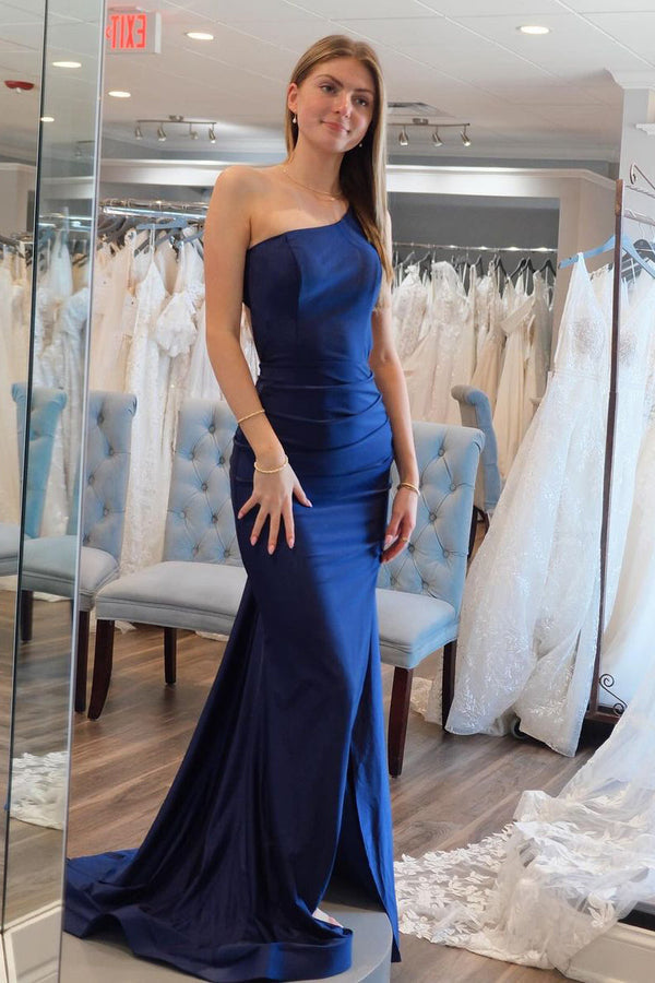 Luolandi Simple Mermaid One Shoulder Navy Blue Satin Long Prom Dresses Party Dress With Slit