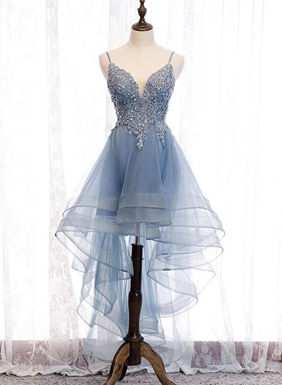 Luolandi Blue High Low Tulle V-neckline Straps Party Dress with Lace Cute Homecoming Dress Beautiful
