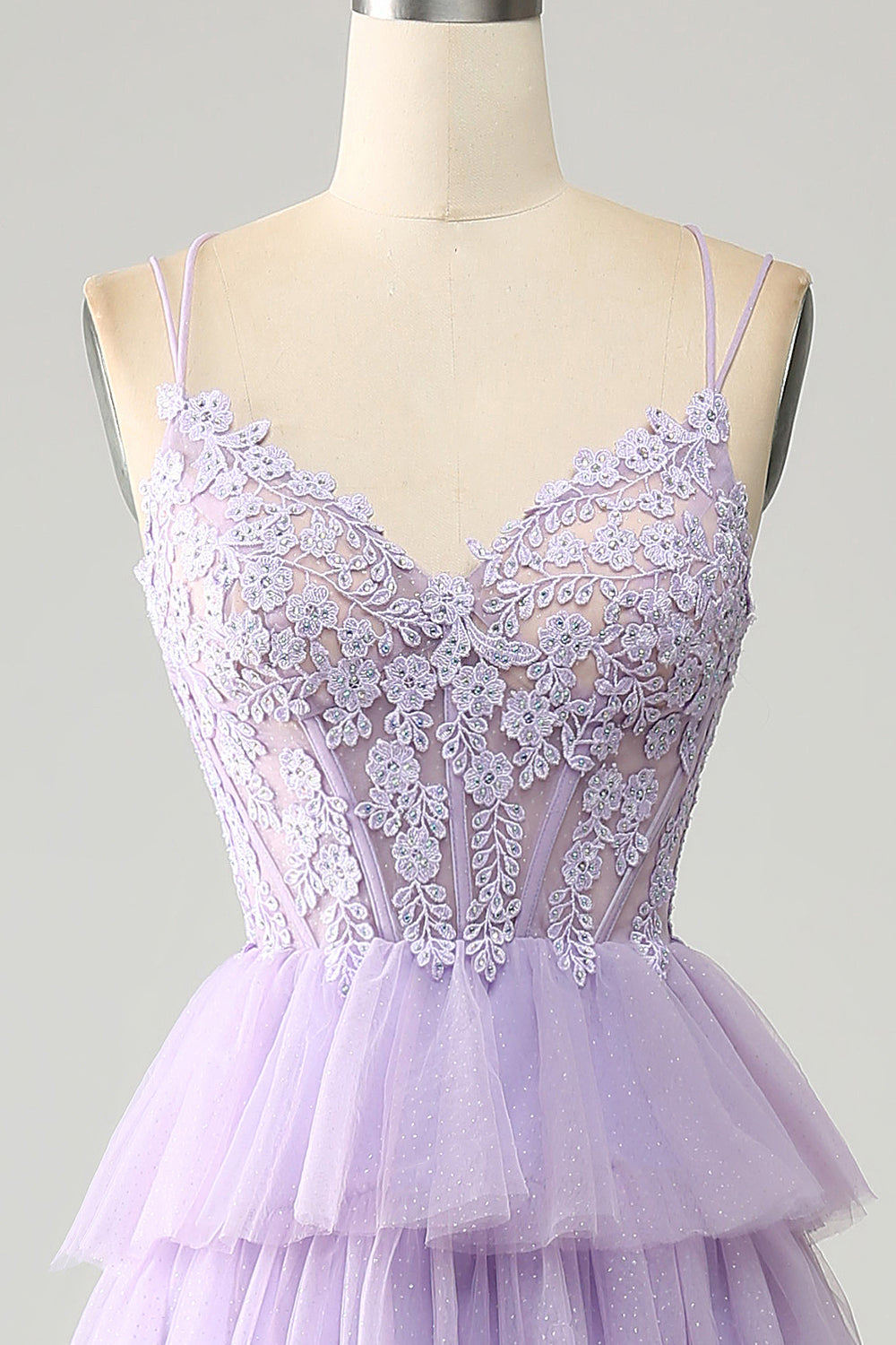 Luolandi Lilac Tulle Appliques Tiered Princess Corset Prom Dress Floor Length Beautiful