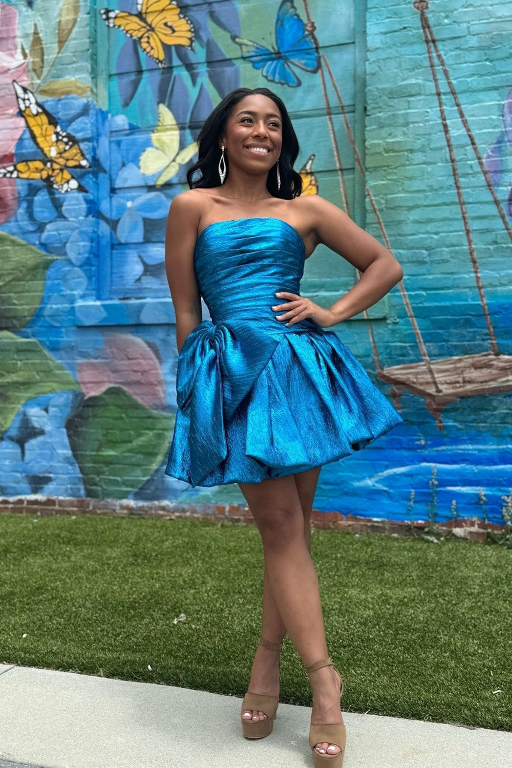 Luolandi A Line Purple Strapless Homecoming Dress With Big Bow Off Shoulder Party Dress