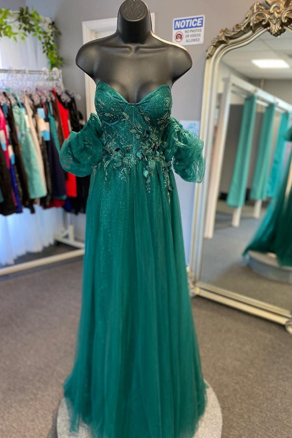 Luolandi Tulle 3D Floral Lace Sweetheart A-Line Prom Dress with Slit Sexy Evening Dress