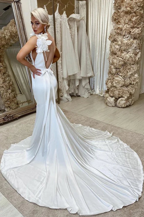 Luolandi Satin Backless Mermaid Wedding Dress with Flowers Open Back Sexy