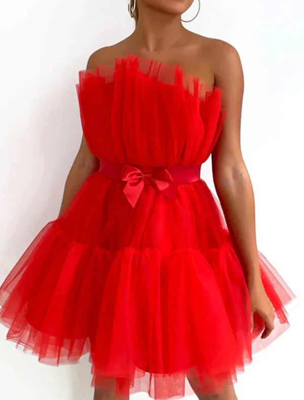 Luolandi Women‘s Party Dress Corset Dress Homecoming Dress Mini Dress Black Pink Fuchsia Red Sleeveless Pure Color Backless Layered Mesh Spring Summer Strapless Party