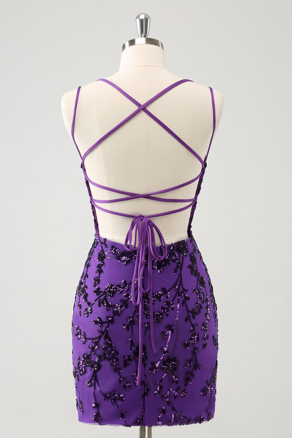 Luolandi Purple Spaghetti Straps Sequined Tight Short Homecoming Dress V-neck Sparkly