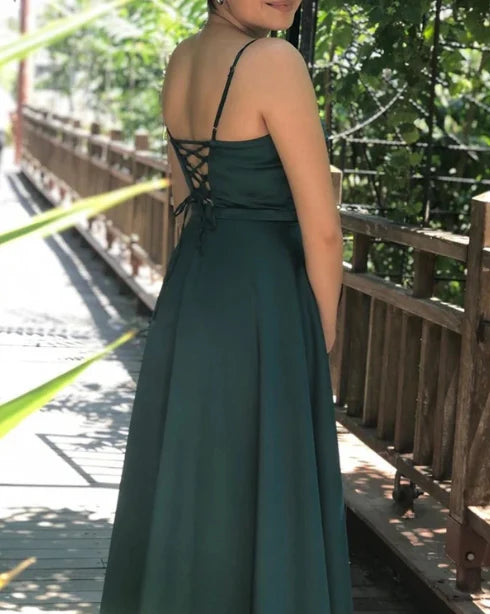 Luolandi Emerald Green Satin A-Line V Neck Spaghetti Strap Bridesmaid Dresses Split Evening Dress Party Dress