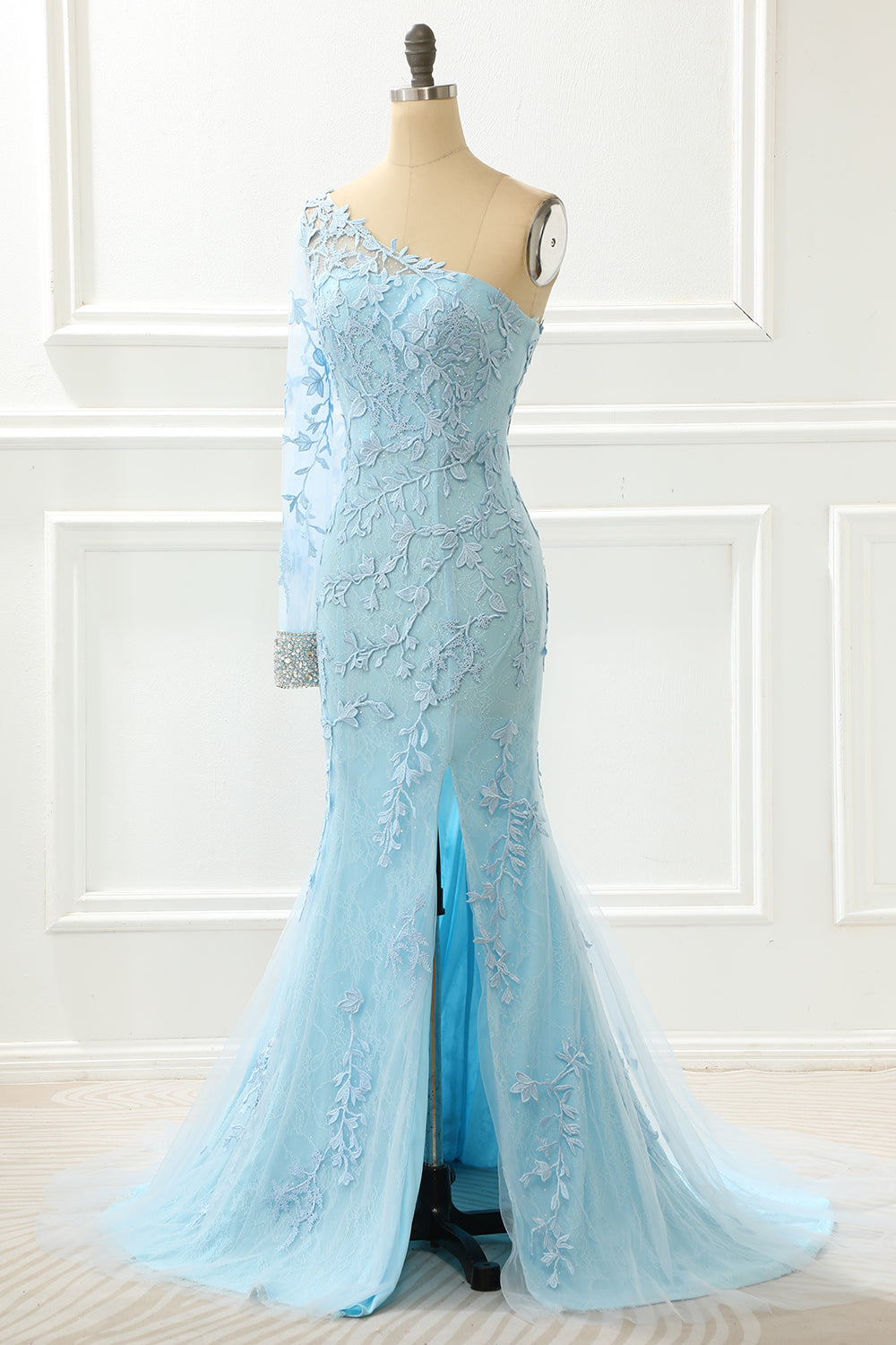 Luolandi One Shoulder Sky Blue Mermaid Prom Dress With Appliques Long Sleeve