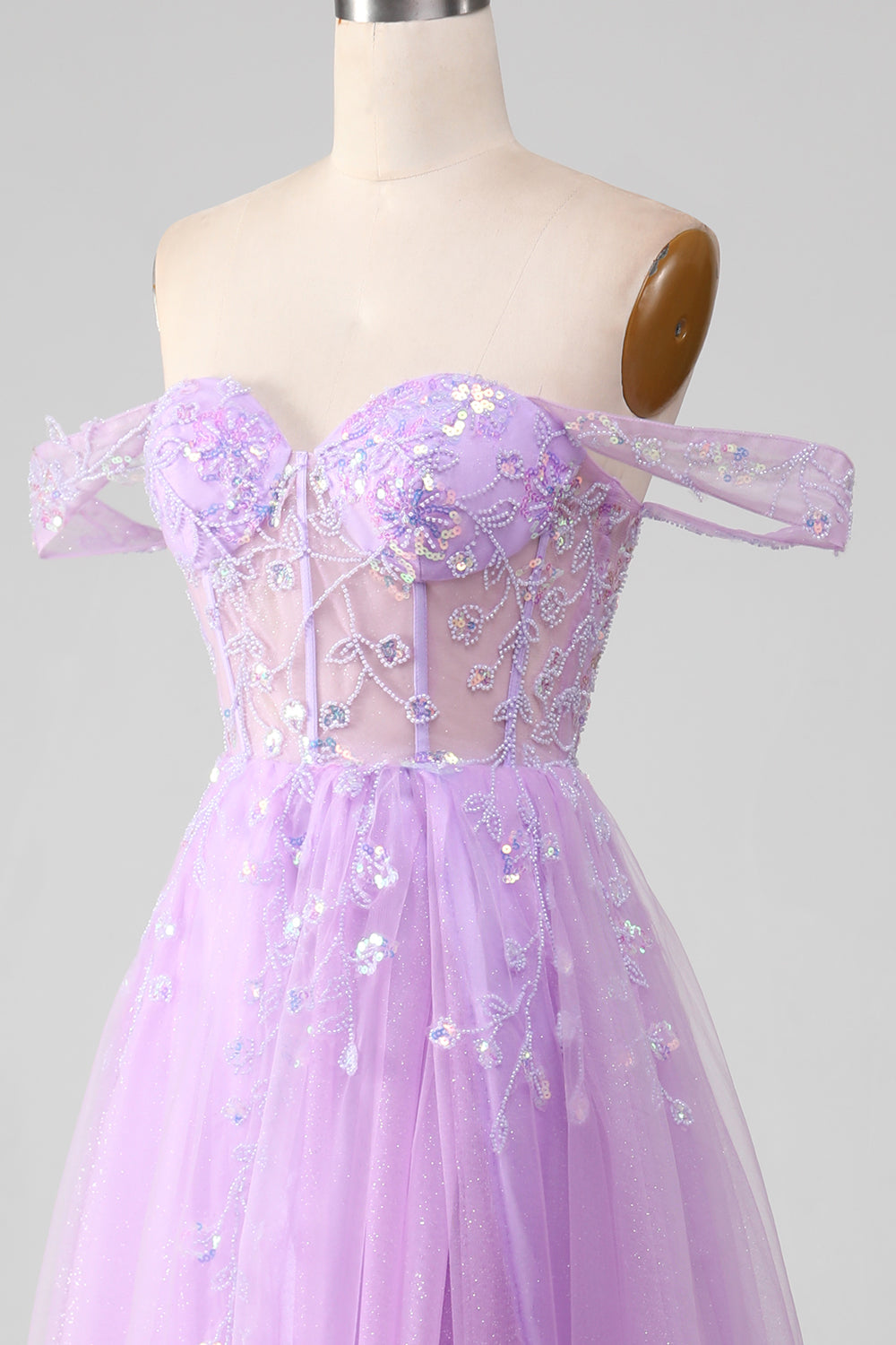 Luolandi A Line Off The Shoulder Sequin Tulle Prom Dress With Slit Elegant Beautiful