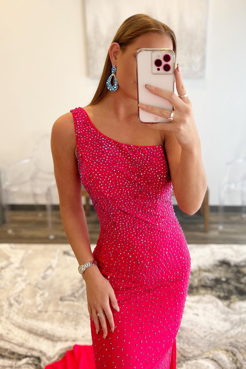 Luolandi Fuchsia One Shoulder Beaded Mermaid Prom Dress Sleeveless Sparkly Evening Dress