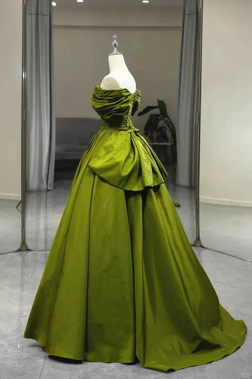 Luolandi A-line Off Shoulder Satin Long Party Dress Green Satin Formal Dress Prom Dress Floor Length