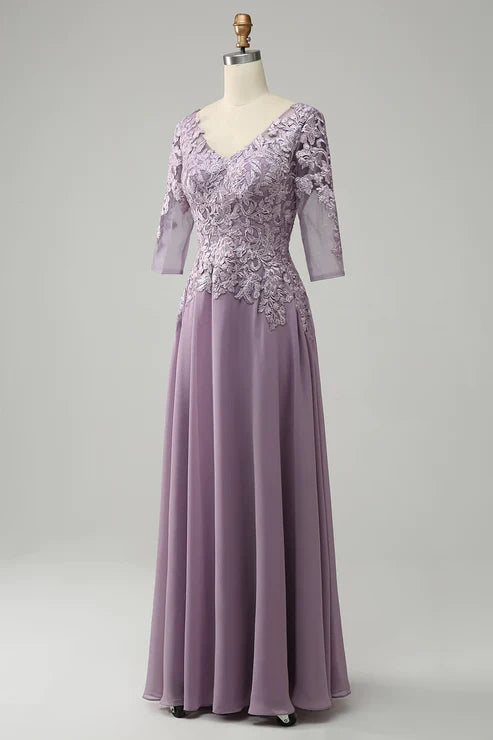 Luolandi Grey Purple Chiffon Mother of the Bride Dress with Lace Appliques Elegant