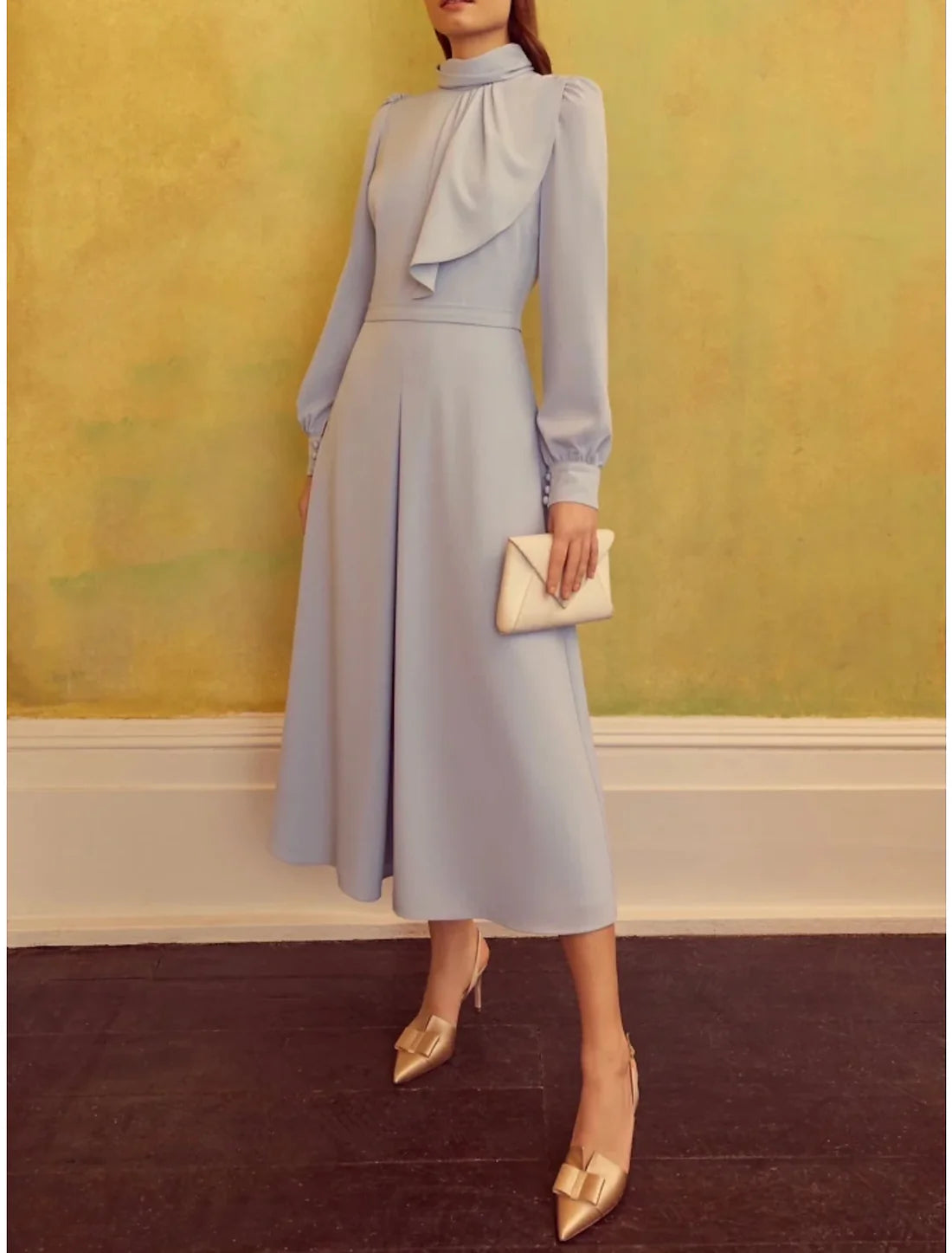 Luolandi A-Line Mother of the Bride Dress Wedding Guest Elegant Petite High Neck Tea Length Satin Long Sleeve with Ruffles Ruching