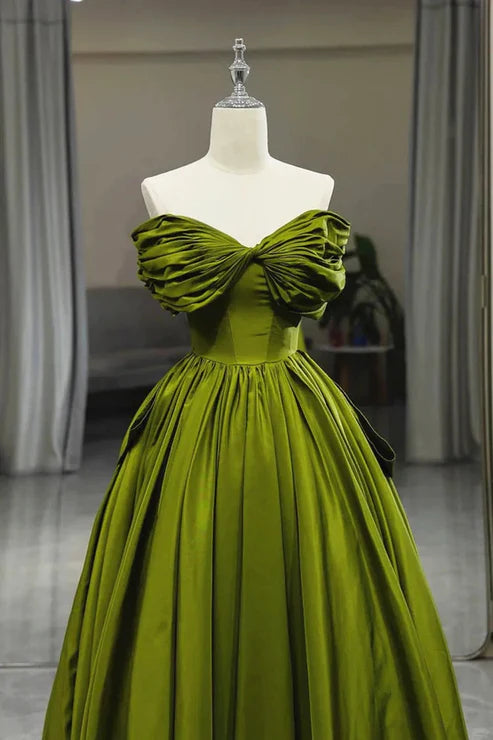Luolandi A-line Off Shoulder Satin Long Party Dress Green Satin Formal Dress Prom Dress Floor Length