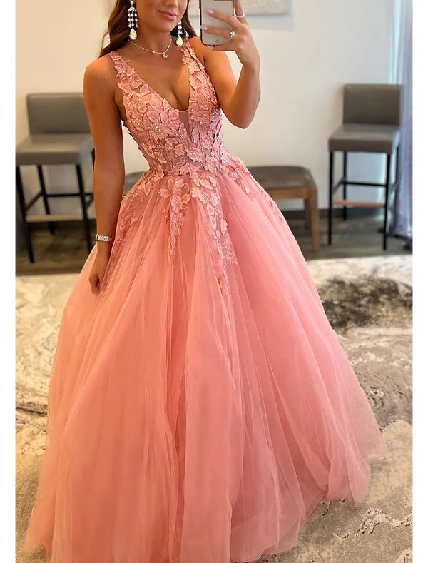 Luolandi A-Line Prom Dresses Open Back Dress Formal Wedding Guest Floor Length Sleeveless V Neck Tulle Backless with Pleats Beading Appliques Beautiful