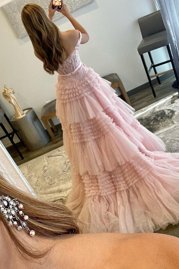 Luolandi Princess A Line Off the Shoulder Light Pink Long Prom Dress with Ruffles Sexy Beautiful