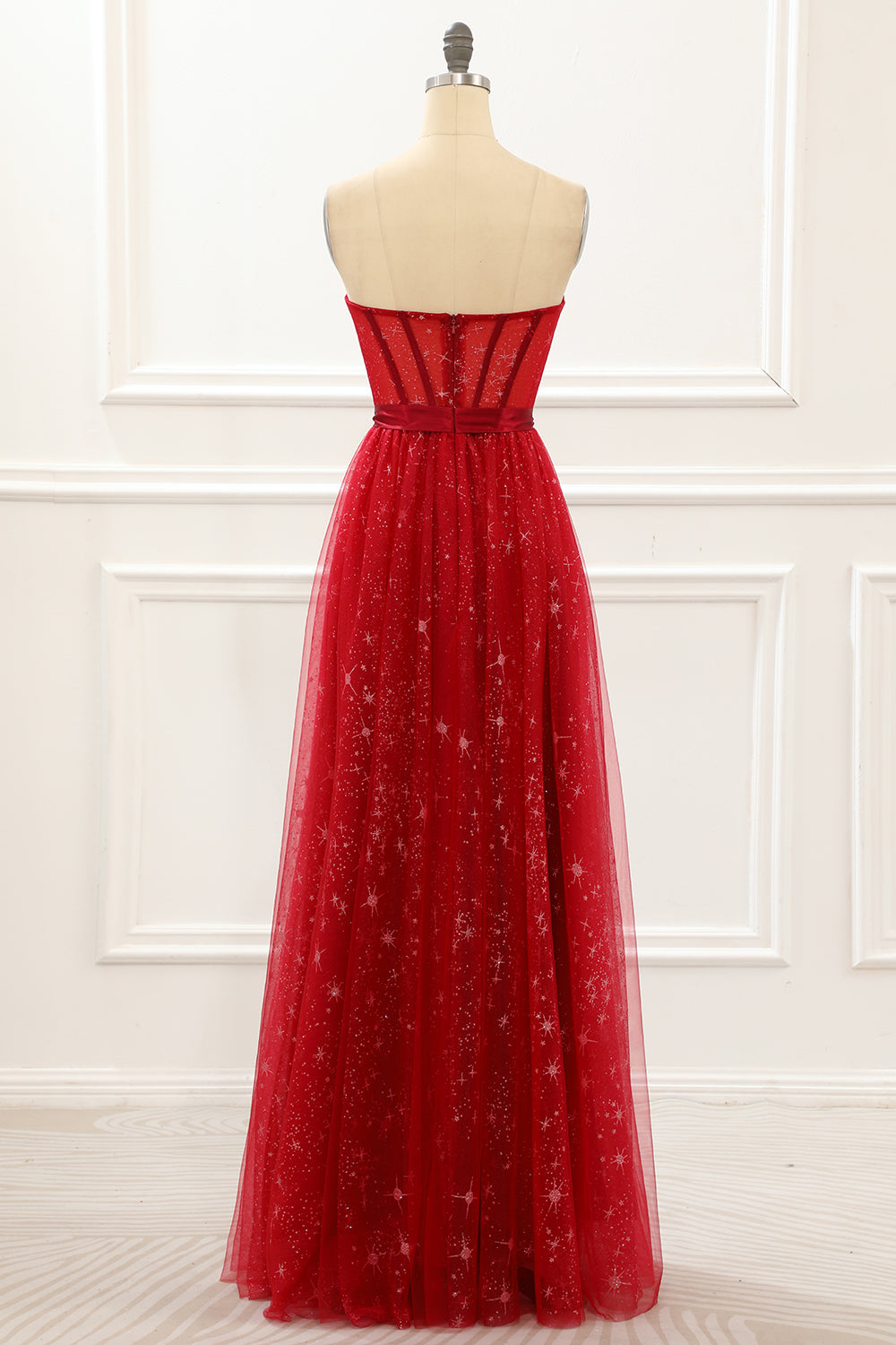 Luolandi Strapless Red Tulle A Line Corset Prom Dress Off Shoulder Floor Length