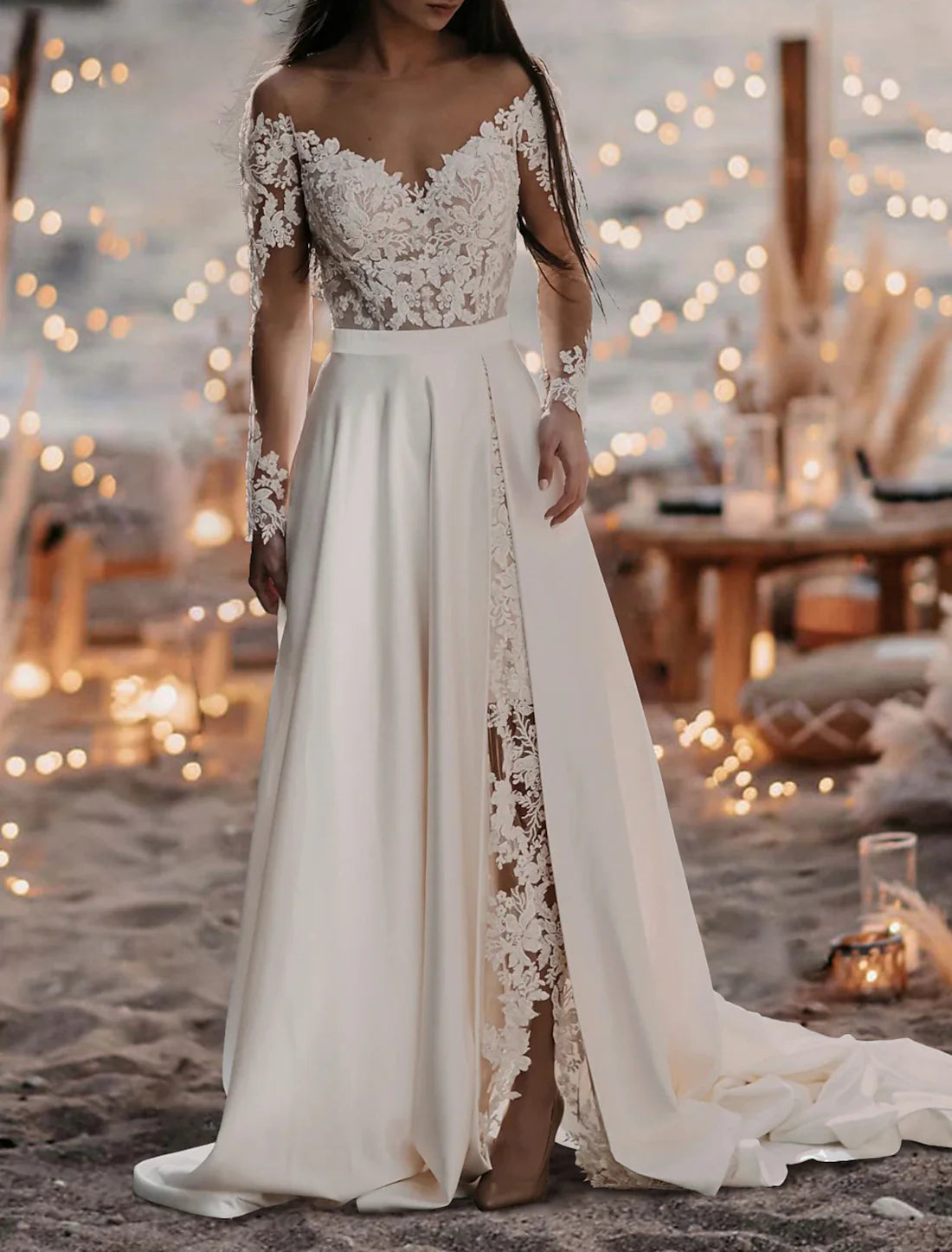 Luolandi Beach Mature Wedding Dresses A-Line Off Shoulder Long Sleeve Court Train Satin Bridal Gowns With Pleats Split