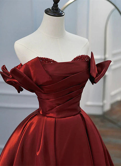 Luolandi Wine Red Satin A-line Beaded Off Shoulder Party Dress Prom Dress Formal Dress Elegant Evening Dress