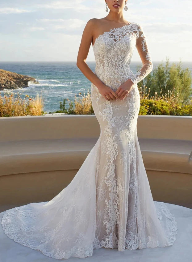 Luolandi Luxury Lace One-Shoulder Long Sleeves Mermaid Wedding Dresses Elegant with Appliques