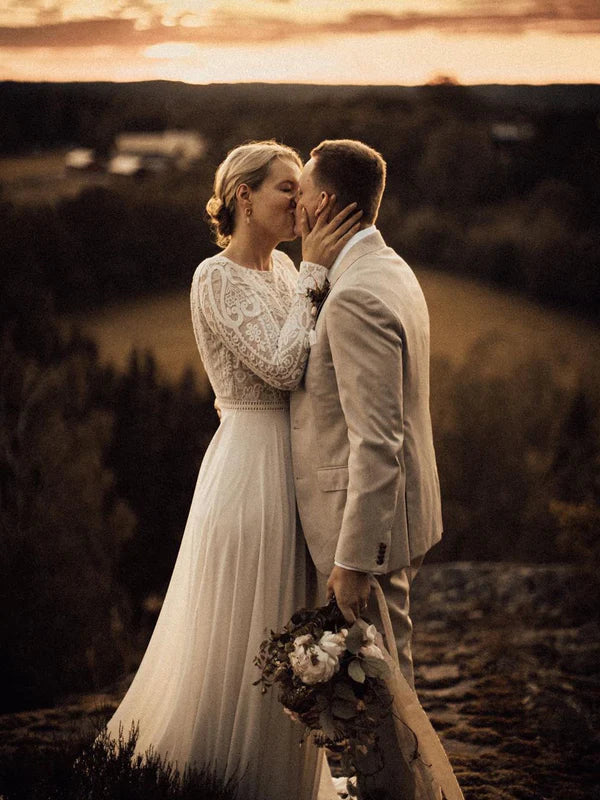 Luolandi Simple Lace Chiffon A-line Backless Wedding Dresses Country With Long Sleeves Gowns Elegant