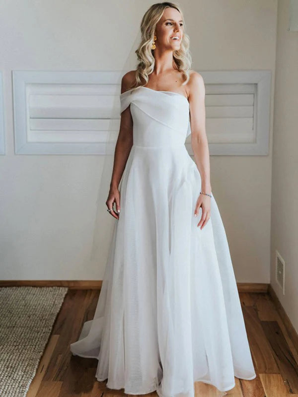 Luolandi A-Line/Princess Organza Ruched One-Shoulder Sleeveless Court Train Wedding Dresses Solid Color