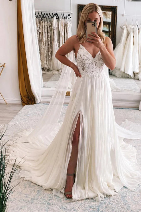 Luolandi Ivory A-Line Watteau Train Boho Long Chiffon Wedding Dress with Lace Sexy