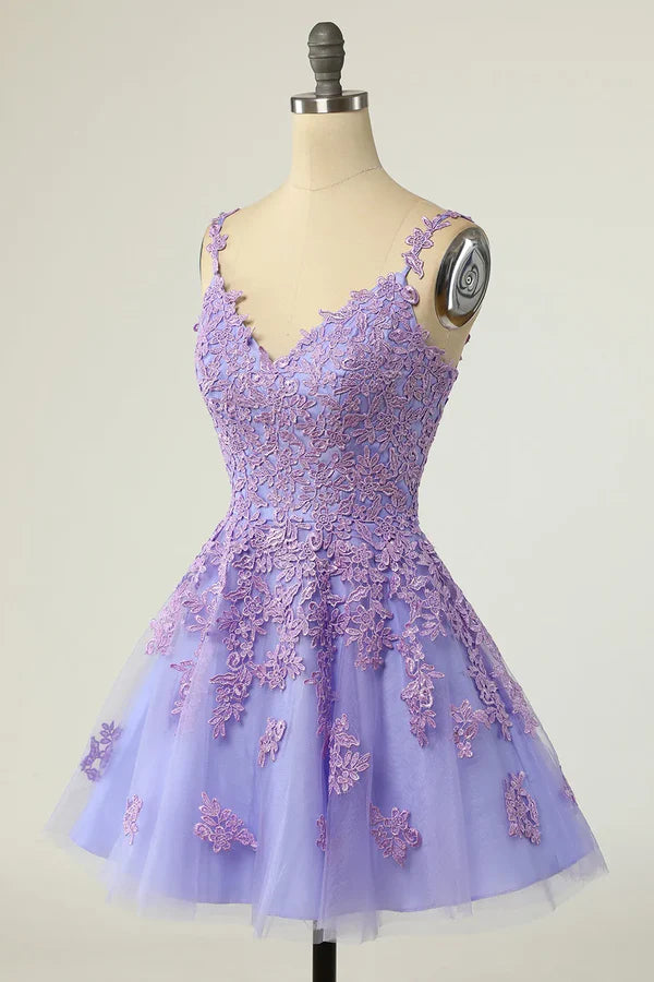Luolandi Sweetheart A Line Tulle V-Neck Straps Purple Short Homecoming Dress with Appliques