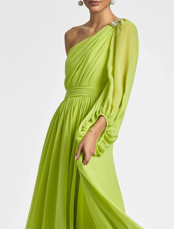 Luolandi A-Line Evening Gown Elegant Dress Formal Wedding Party Floor Length Long Sleeve One Shoulder Fall Wedding Guest Chiffon with Ruched