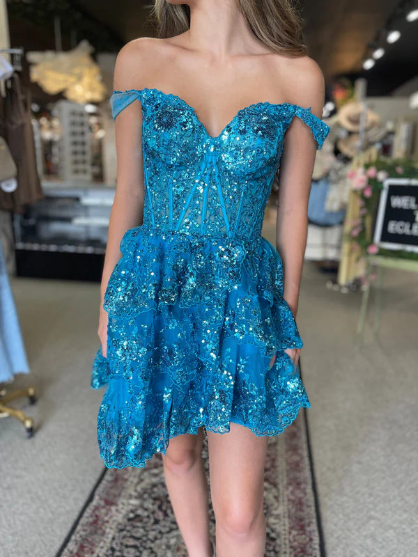 Luolandi A-Line Sweetheart Tiered Short Homecoming Dress Off Shoulder Sparkly Graduation Dress