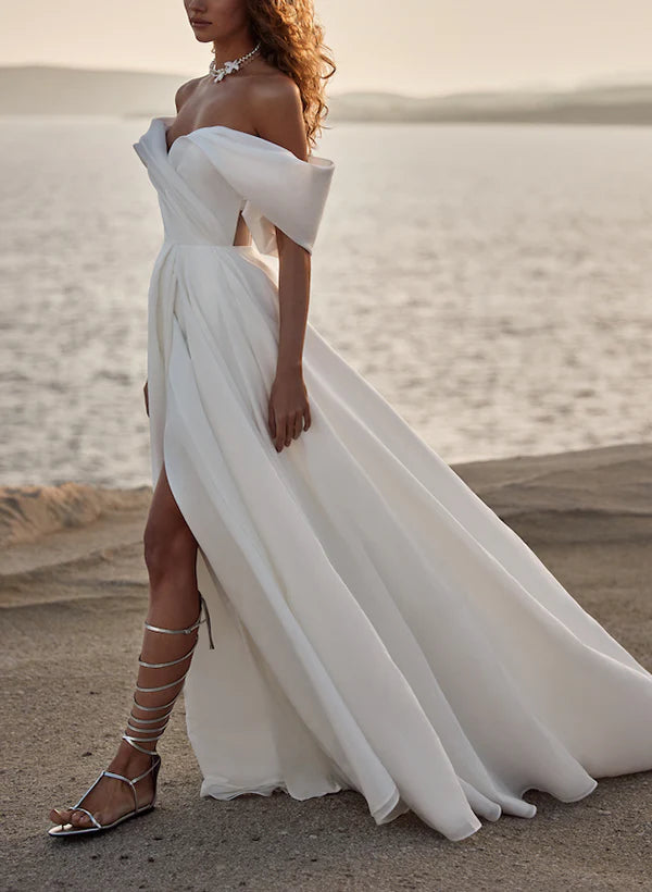 Luolandi Elegant Organza Wedding Dresses With Split Front Off Shoulder Floor Length Solid Color