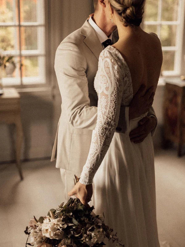 Luolandi Simple Lace Chiffon A-line Backless Wedding Dresses Country With Long Sleeves Gowns Elegant