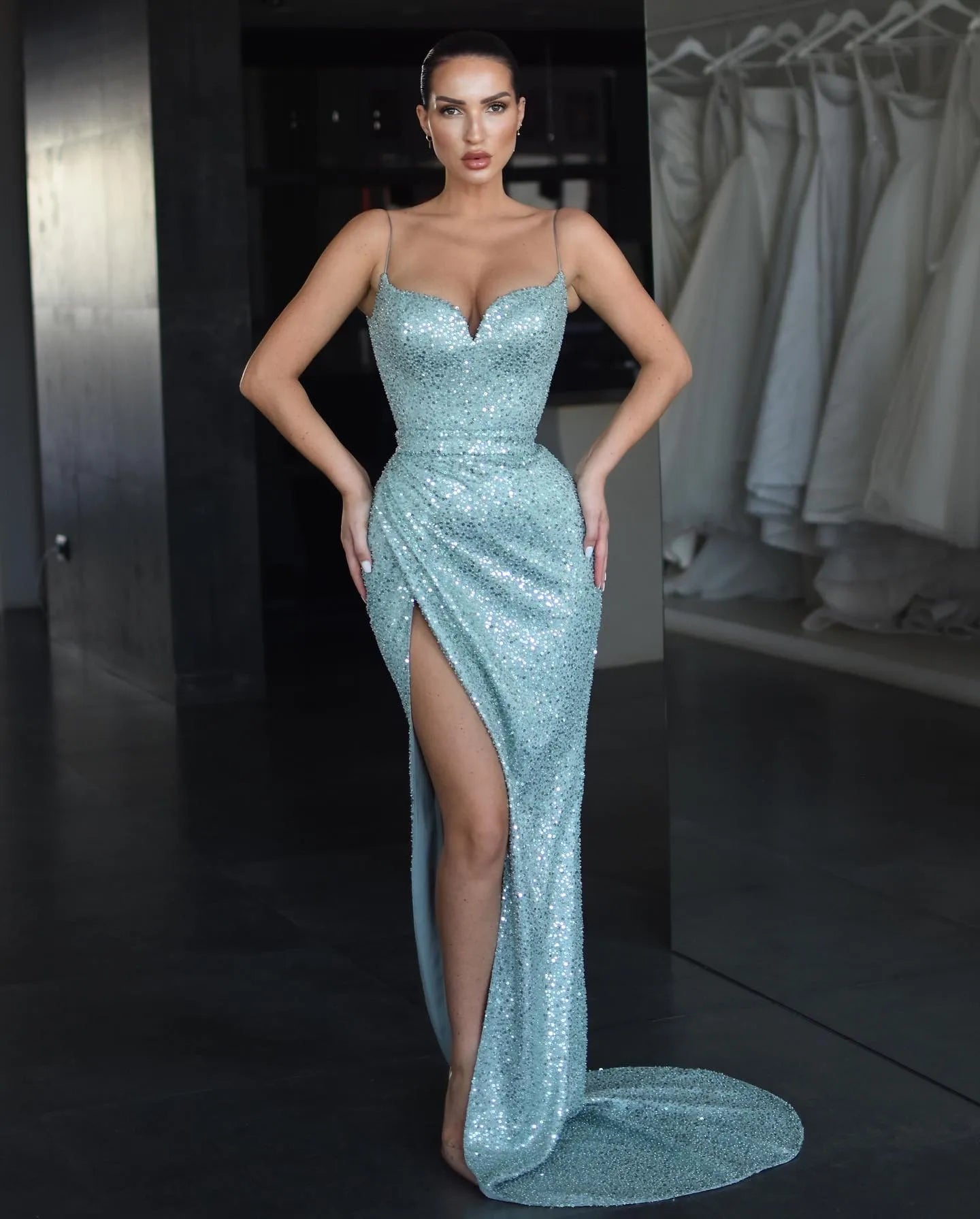 Luolandi Elegant Blue Mermaid Prom Dresses Spaghetti Sequins Evening Dress Lace Up Back Pleats Split Formal Long Special Occasion Party dress Sparkly