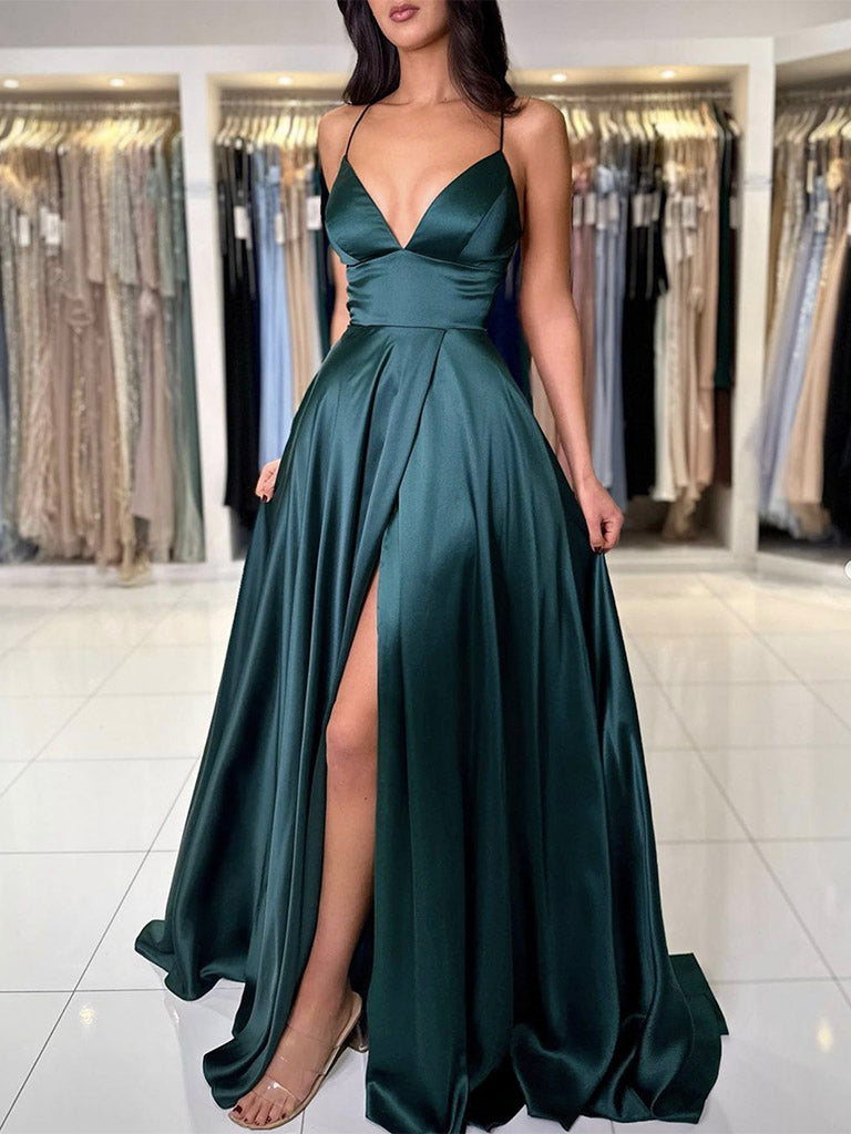 Luolandi A-Line V Neck Dark Green Satin Long Prom Dress Evening Dress With Slit Sexy