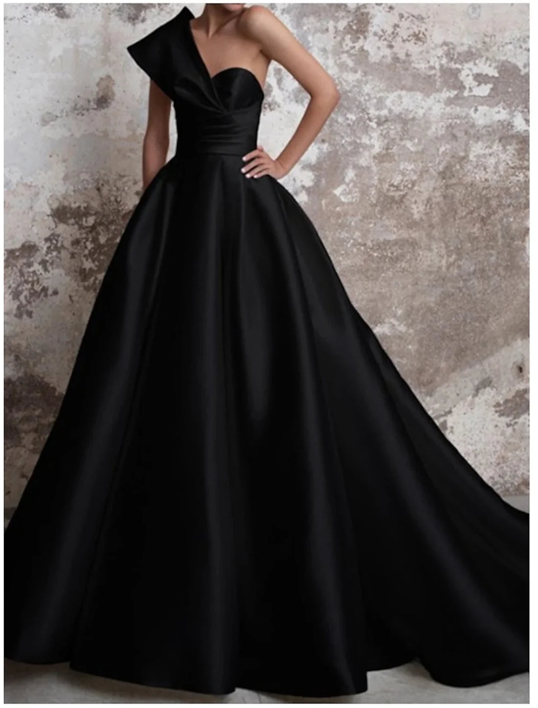 Luolandi A-Line Evening Gown Party Church Court Train One Shoulder Satin Backless with Ruched Black