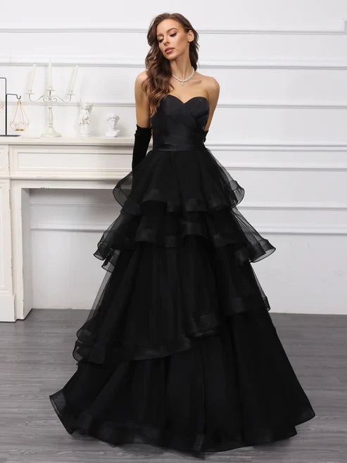 Luolandi A-Line/Princess Sweetheart Long Tulle Dresses With Ruffles Off Shoulder Black Evening Dress Without Gloves