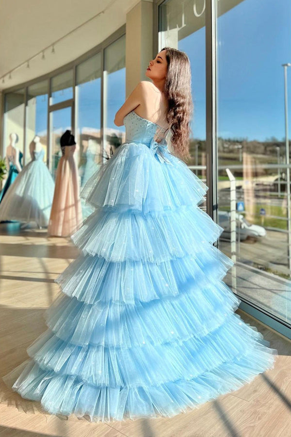 Luolandi Blue Sweetheart Neck Tulle Long Prom Dress Beautiful A-Line High Low Party Dress Evening Dress
