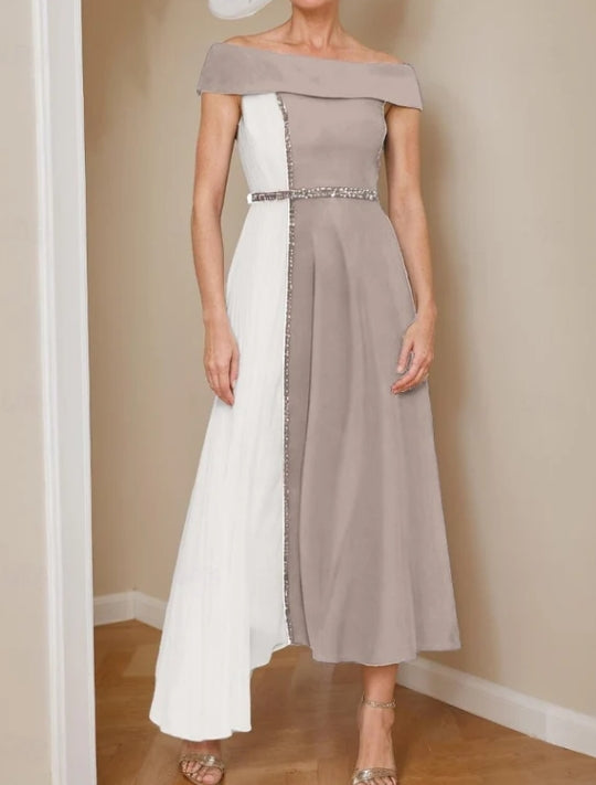 Luolandi A-Line Mother of the Bride Dress Formal Wedding Guest Elegant V Neck Tea Length Chiffon with Sash / Ribbon Party Dress