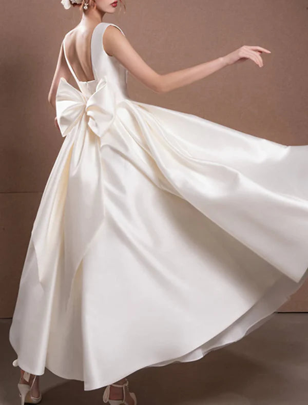 Luolandi Simple Wedding Dresses Wedding Dresses A-Line Off Shoulder Cap Sleeve Tea Length Satin Bridal Gowns With Pleats And Bow