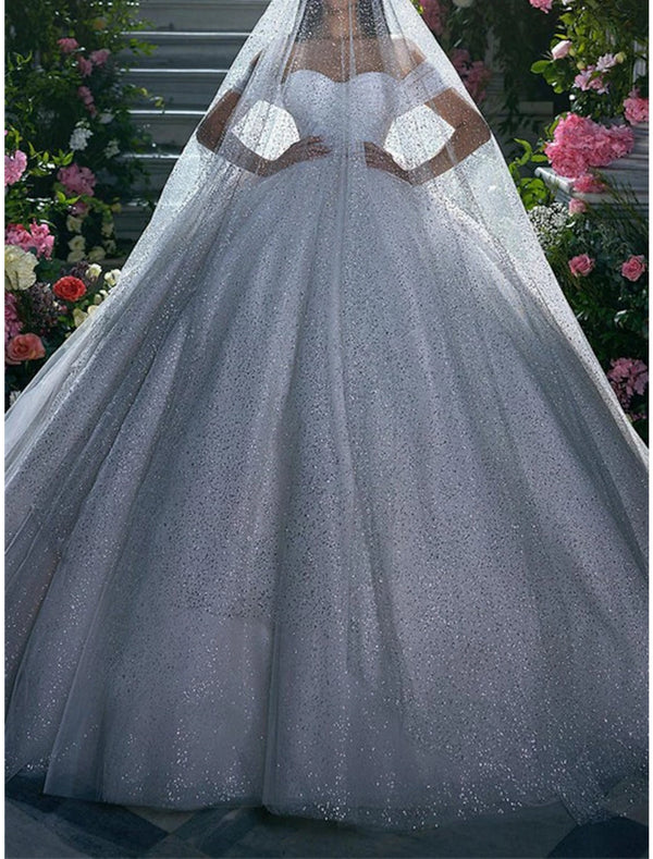 Luolandi Engagement Sparkle & Shine Formal Wedding Dresses Ball Gown Off Shoulder Cap Sleeve Chapel Train Sequined Bridal Gowns Sexy