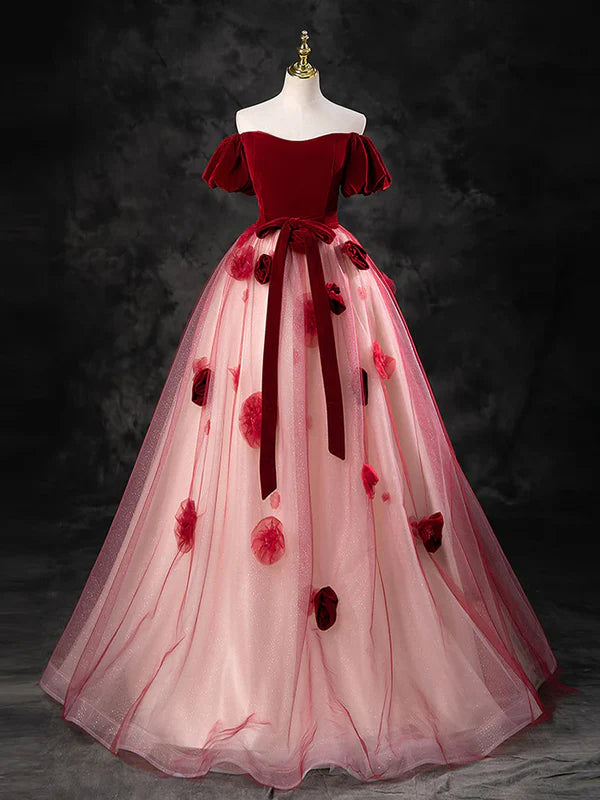 Luolandi Burgundy A-Line Tulle Long Prom Dress Formal Dress Ballgown Quinceanera Dress With Flowers