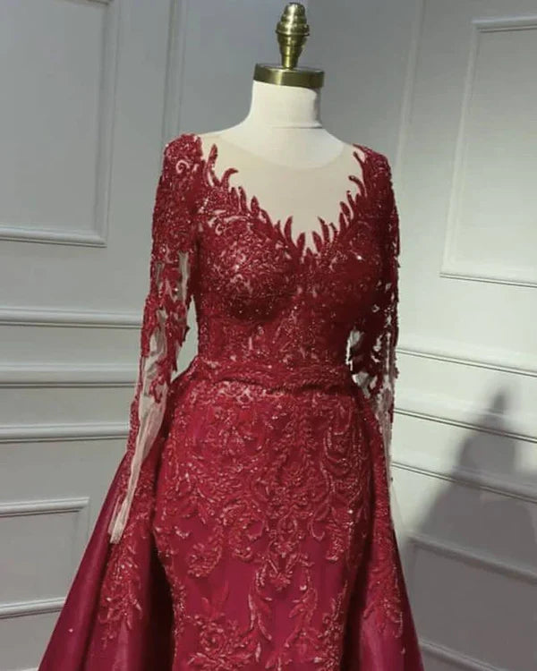 Luolandi Mermaid Burgundy V-Neck Long Sleeves Appliques Sleeved Dress With Sweep Train Prom Dress Evening Dress