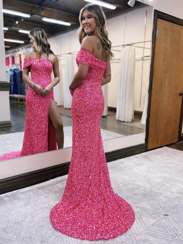 Luolandi Glitter Mermaid One Shoulder Pink Long Prom Dress With Slit Sparkly Evening Dress