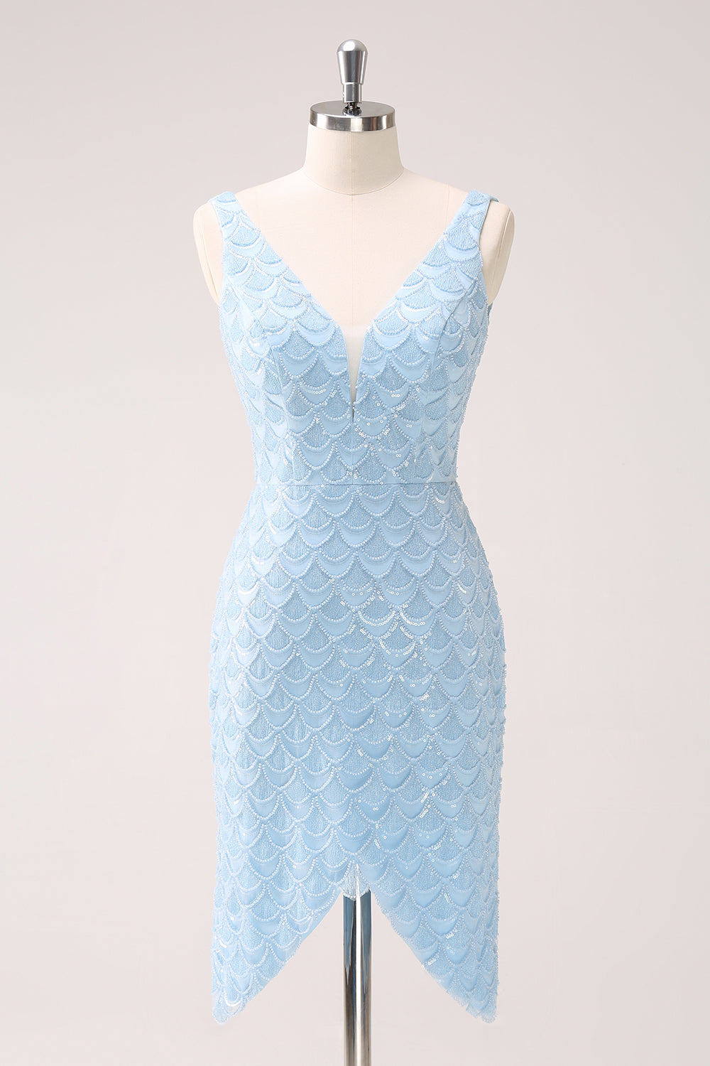 Luolandi Sparkly Blue V-Neck Sequins Tight Fish Scale Homecoming Dress with Lace Up Back Sexy Party Dress