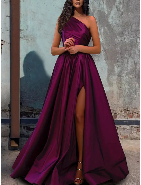 Luolandi A-Line Evening Gown Elegant Dress Wedding Guest Engagement Floor Length Sleeveless One Shoulder Satin with Pleats Slit Solid Color