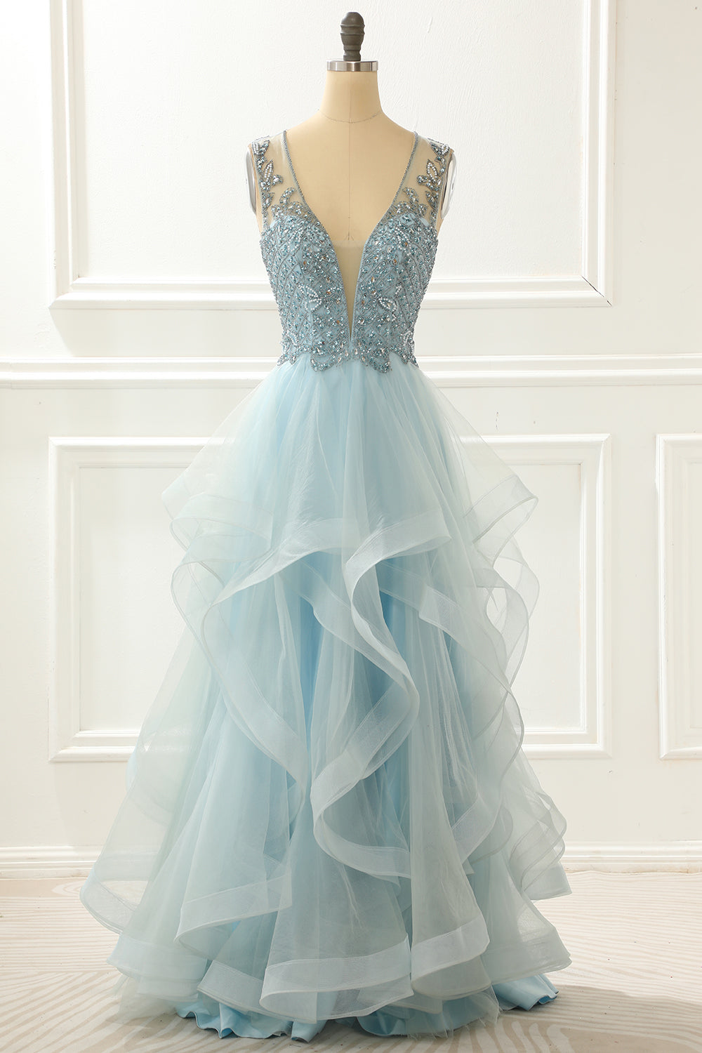 Luolandi A Line Light Blue Long Prom Dress With Appliques V-neck Charming Evening Party Dress