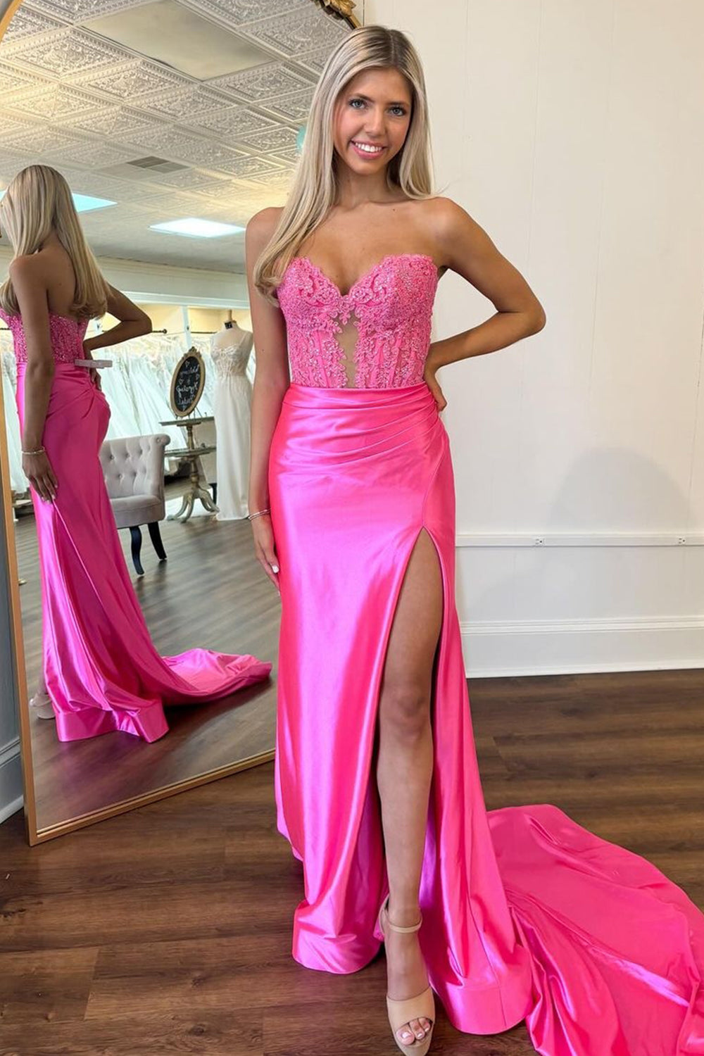 Luolandi Fuchsia Hollow Out Strapless Corset Long Prom Dress With Slit Off Shoulder Sexy