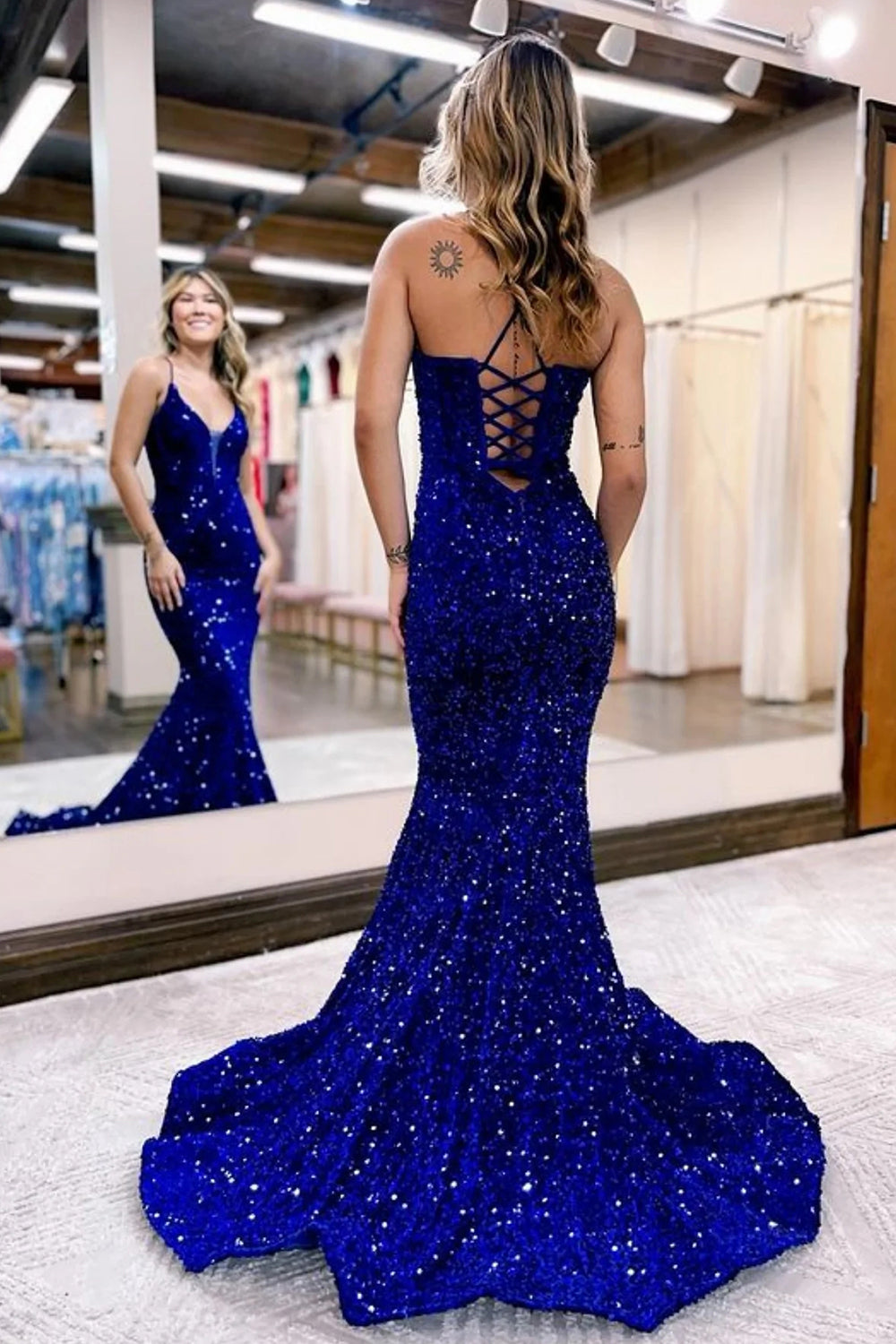 Luolandi Sparkly Royal Blue Lace-Up Back Sequins Mermaid Long Prom Dress Evening Dress