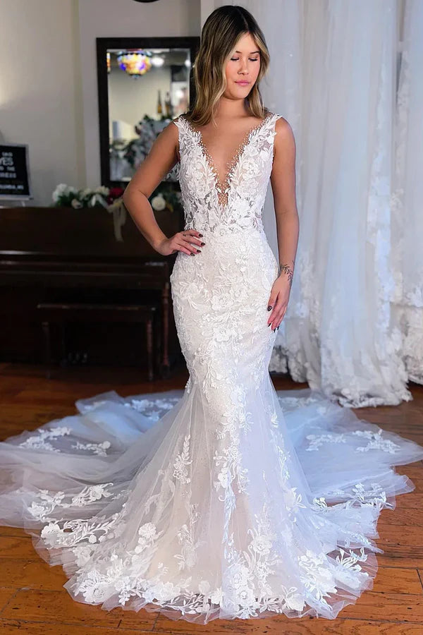 Luolandi Mermaid V-Neck Long Lace Wedding Dress V-neck Open Back Sexy