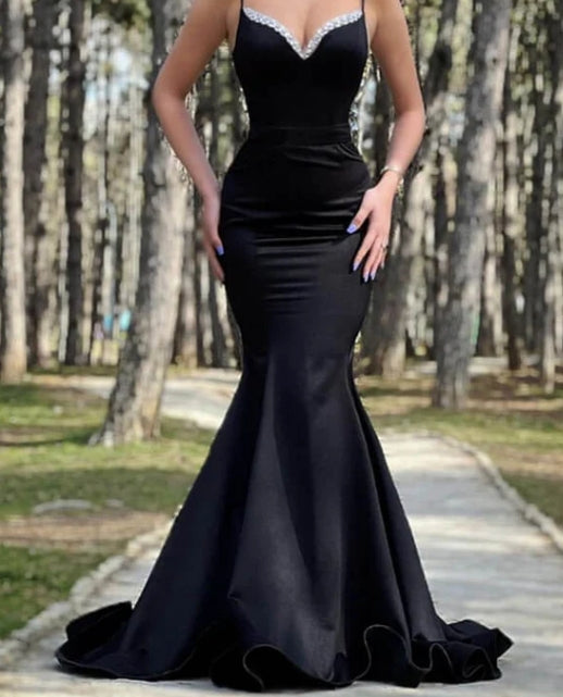 Luolandi Black Mermaid Spaghetti Straps Beaded V-neck Satin Dress Evening Dresses Sexy